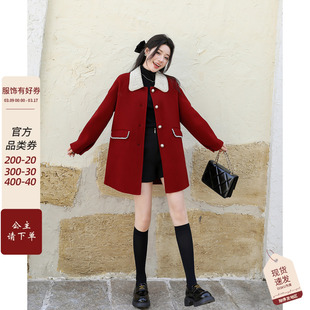红色双面羊毛短款外套，女冬装小个子赫本风，新年气质羊绒呢子大衣