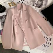 遇见粉色西装领外套女双排扣修身型通勤纯色系长袖上衣