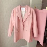 韩版宽松长袖中长款西装外套，女粉色豆绿色春季上衣文艺百搭单品