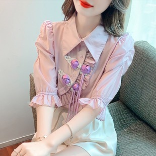 中国风夏季韩版盘扣流苏中袖，七分袖衬衫，女时尚气质减龄天丝上衣