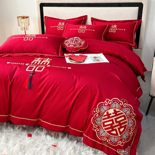 新中式婚庆床品60支长绒棉大红色双喜刺绣结婚被套，床单四件套纯棉