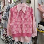 6880长袖翻领粉红色衬衫+字母提花针织马甲背心两件套装春季女装