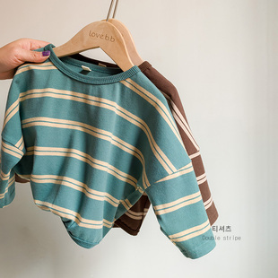 莫兰迪高级色横条纹T恤衫 韩国儿童洋气个性宝宝纯棉蝙蝠袖打底衫