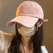 蝴蝶结粉色帽子女可爱韩国棒球帽软顶鸭舌帽显脸小遮阳防晒帽