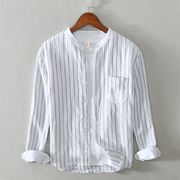 亚麻男士长袖条纹立领衬衫青年白色宽松休闲衬衣棉麻布开衫外套潮