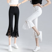 夏季黑色蕾丝拼接高腰七分裤，女胖mm微喇叭裤小个子，白色显瘦八分裤