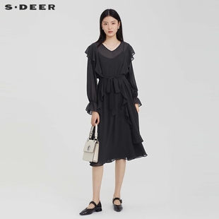 sdeer圣迪奥女装V领黑色收腰雪纺吊带两件套气质连衣裙S223Z127F