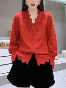 法式v领红色衬衫女春季2024薄款纯色长袖小衫高级感上衣