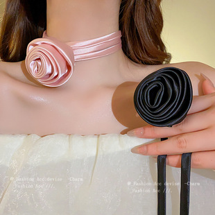 玫瑰花布艺项链韩国时尚个性简约气质锁骨链小众设计感项饰女