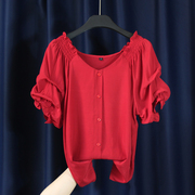 红色一字肩上衣女短袖雪纺衫2024夏季时尚气质潮流遮肚子小衫