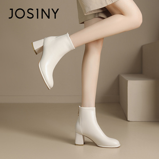 卓诗尼高跟短靴女2023秋冬白色，粗跟瘦瘦靴女款靴子马丁靴