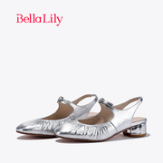 BellaLily2024春季羊皮银色玛丽珍鞋女粗跟单鞋温柔休闲潮鞋