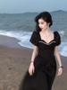 夏季海边度假气质长裙，赫本风高端精致黑色短袖，连衣裙子女神范