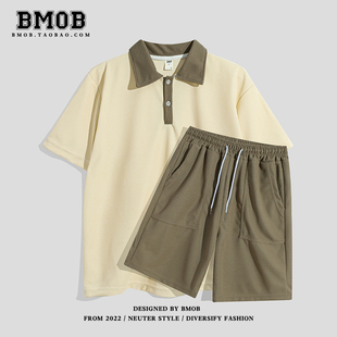 bmob撞色休闲运动套装男士短袖，polo衫夏季潮牌宽松t恤短裤两件套