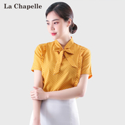 拉夏贝尔波点衬衫，女2024夏季时尚，简约丝带黄色职业装显瘦上衣