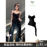 韩版设计感串珠透明肩带黑色V领荷叶边斜下摆吊带背心性感上衣女