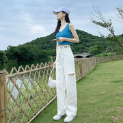 日系白色破洞牛仔裤女夏季薄款小个子阔腿裤高腰垂感宽松直筒长裤