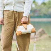 帆布遇上皮革橫版医生包帆布包复古经典斜挎包手提包女磁扣版