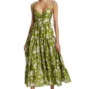 夏季绿色碎花裙吊带，印花领收腰显瘦大裙摆性感，连衣裙植物花卉单件