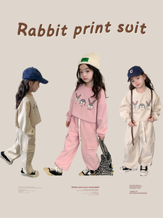 春秋款儿童宝宝套装女童，韩版复合加厚短款小兔子卫衣工装裤两件套