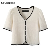 拉夏贝尔lachapelle设计感v领短袖衬衫，女夏气质泡泡袖上衣