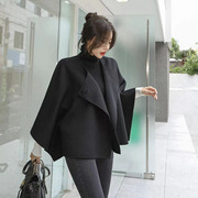 韩国东大门新短款披肩蝙蝠袖大衣女双面手缝羊绒上衣斗篷毛呢外套