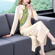 2022夏季刺绣复古中国风改良旗袍长袖 中长款显瘦女连衣裙子