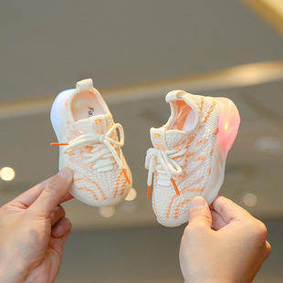 春夏季宝宝鞋子婴儿软底学步鞋，1一2岁女童椰子，鞋透气运动网鞋带灯