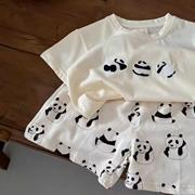 儿童套装夏季2024男女童熊猫短袖T恤宝宝夏装休闲满印短裤潮