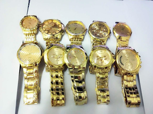 价时尚男士手表时装表石英，韩版金色钢带生活防水