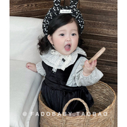 婴儿衣服春秋韩版条纹，双层娃娃领衬衫，上衣背带包屁哈衣两件套