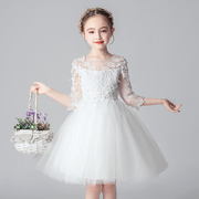 白色花童礼服女儿童长款礼服裙婚礼伴娘公主，裙钢琴表演出服蓬蓬纱