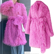 2022冬季女仿滩羊毛毛长款宽松外套系腰带大衣玫红紫色荧光绿