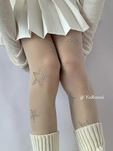 yoroooi韩国小众纯欲风，白色透明烫钻星星丝袜春夏，甜美连裤打底袜