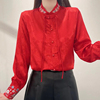 新中式国风红色衬衫，女春季复古盘扣，立领提花缎面长袖上衣
