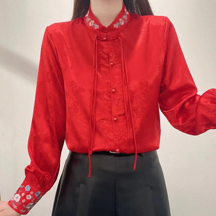 新中式国风红色衬衫女春季复古盘扣立领，提花缎面长袖上衣