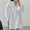 韩国chic夏季法式气质海军领花朵扣宽松休闲灯笼袖衬衫式连衣裙女