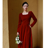 JUJU定制法式复古红色丝绒连衣裙显瘦高级感方领长袖裙子秋冬季女