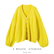 重磅加厚！柠檬黄灯笼袖V领粗针羊绒毛衣开衫女纯羊绒针织开衫