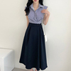 韩国chic复古气质条纹撞色拼接假两件高腰系扣无袖背心连衣裙长裙