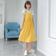 孕妇连衣裙春夏款黄色系带纯色，短袖中长裙休闲夏季外穿遮肚裙