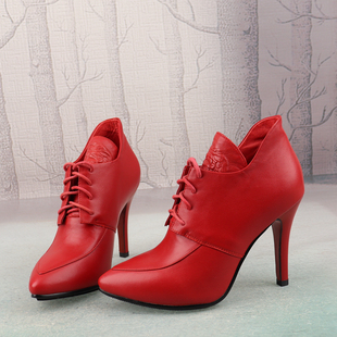 红色时尚尖头超高跟系带，牛皮真皮女鞋子日常深口纯色单鞋p81-2