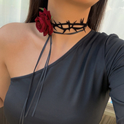 红色玫瑰花织带项链，女欧美夏季性感，优雅时尚网红旅拍度假个性颈链