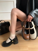 黑色玛丽珍小皮鞋女鞋子2024年春夏，粗跟pu圆头，浅口乐福单鞋子(单鞋子)