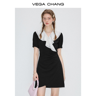vegachang短袖连衣裙女2024年夏季设计感显瘦荷叶领小黑裙子