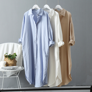 韩国2024夏季白衬衫女装，中长款宽松显瘦bf风大版棉麻大码长袖衬衣