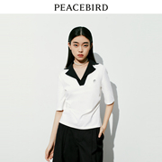 太平鸟褶皱polo衫短袖，女西装领通勤气质，别致上衣收腰中袖设计感