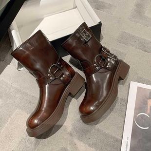 复古棕色马丁靴元单品质(单品质，)精湛法式皮带扣粗跟机车，靴西部牛仔靴