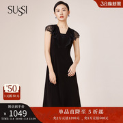 SUSSI/古色夏季黑色复古X型蕾丝拼接V领短袖荷叶袖连衣裙女