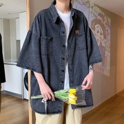 vintage牛仔短袖衬衫男春秋美式复古水洗做旧重磅七分袖衬衣外套